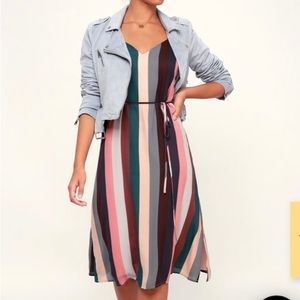 Erina Mauve Multi Stripe Belted Midi Slip Dress